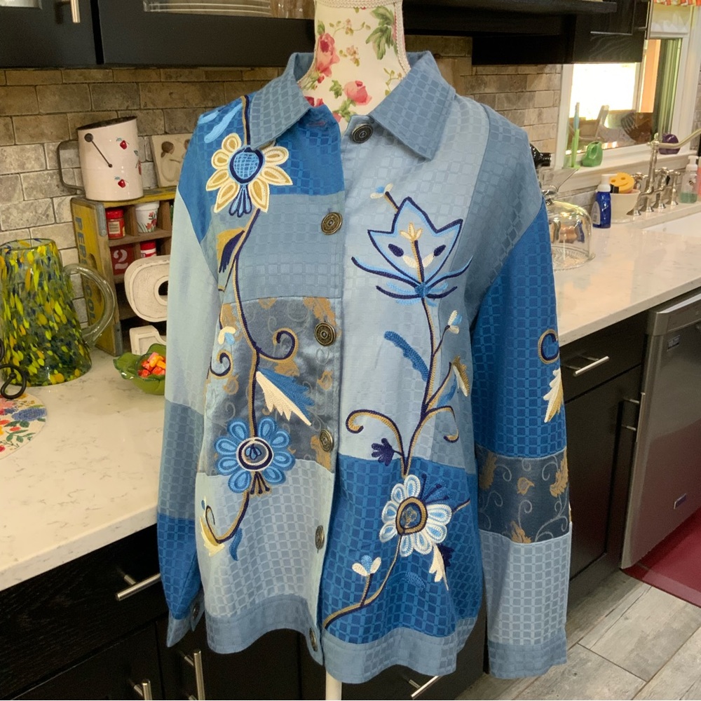 Indigo Moon Art To Wear Blue Foral Embroidered Jacket Patchwork Style Size Large